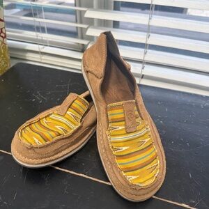Slip-On Suede Loafers with Yellow Stripe Fabric